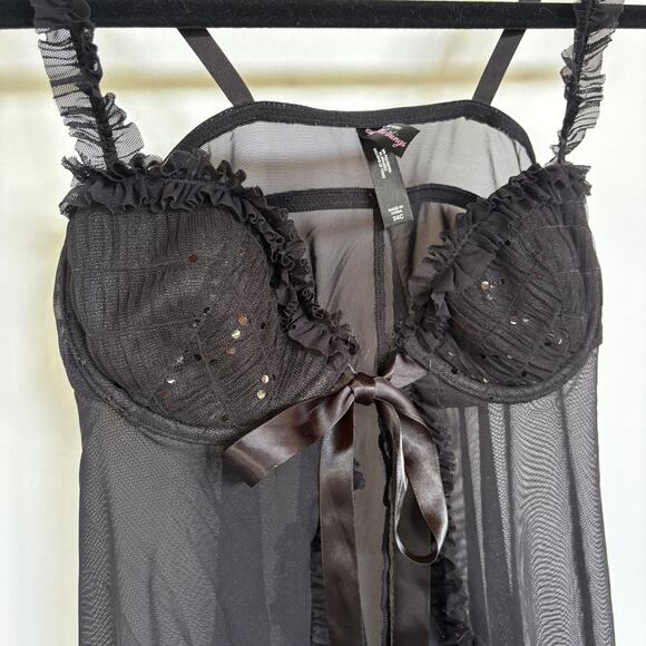 Victoria's Secret Black Sexy Lingerie Nightie Sheer Goth Romantic Tie Front 34C - Picture 2 of 8